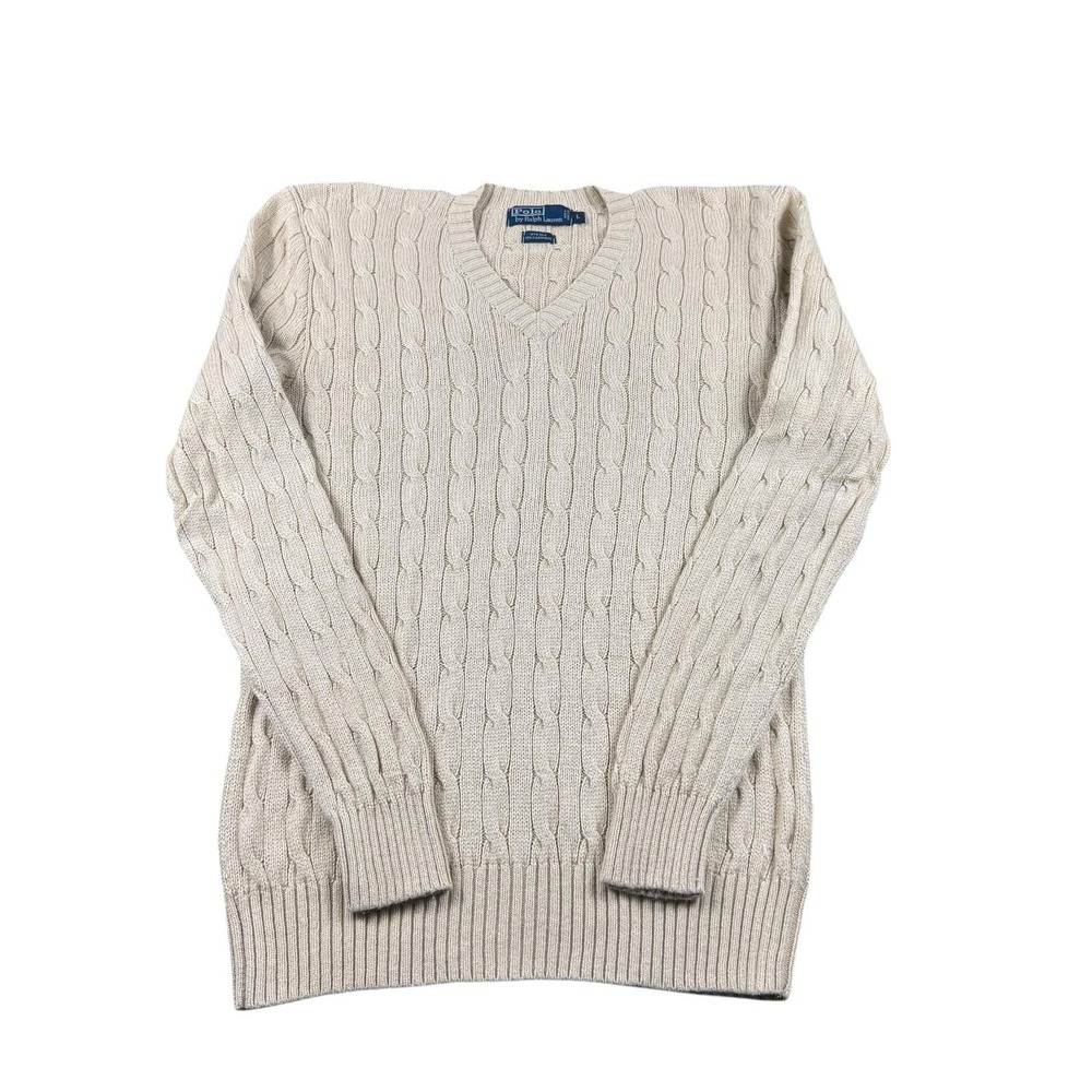 Polo Ralph Lauren Light Tan Silk Cashmere Cableknit V Neck Sweater Size L VTG